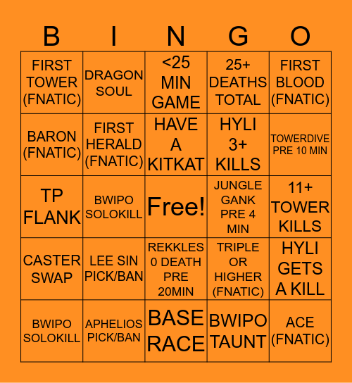FNC vs OG Game 2 Bingo Card