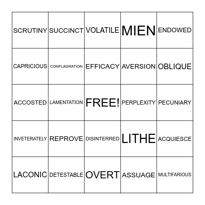 SR VOCABULARY BINGO Card