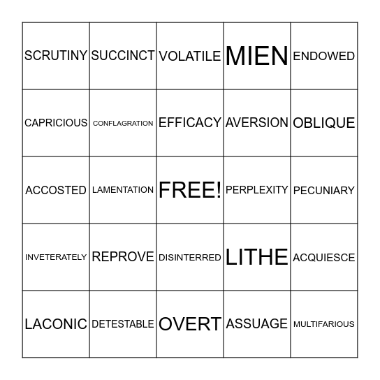 SR VOCABULARY BINGO Card