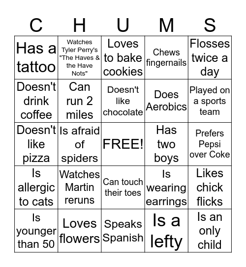 Welcome to CHUMS Bingo Card