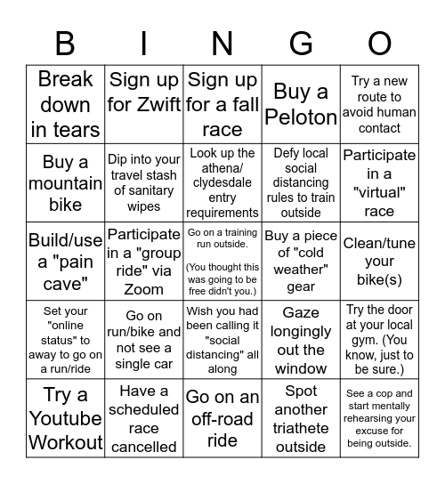 Social Distancing Bingo (Triathete Edition) Bingo Card