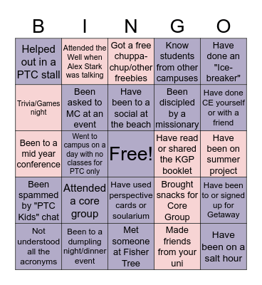 Power to Change (PTC) 2020 BINGO Card