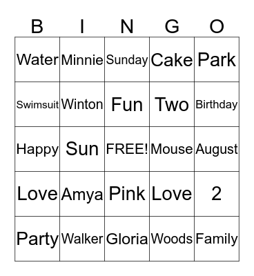 Amya's Birthday Bingo Card