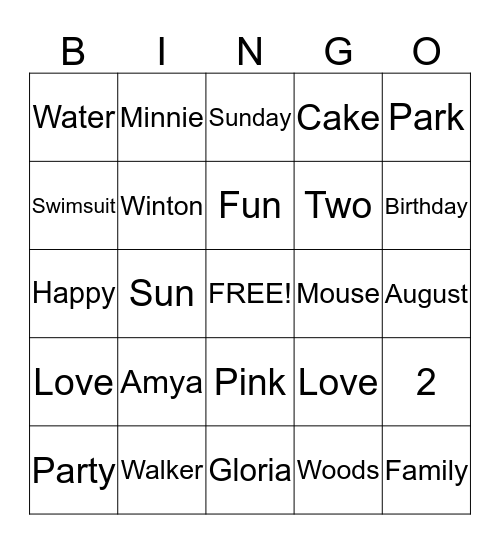 Amya's Birthday Bingo Card