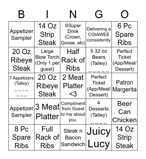 BONE DADDY'S BINGO! <3 Bingo Card