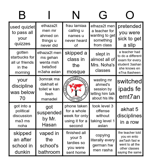 SIS grade 10 bingo Card