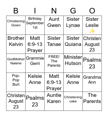 Kelsie Anne Christening Bingo  Bingo Card
