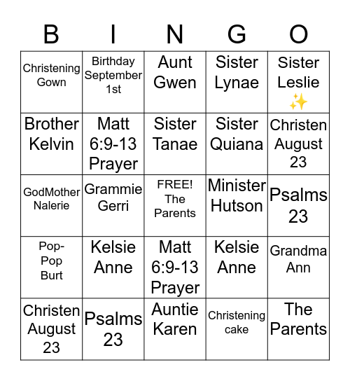 Kelsie Anne Christening Bingo  Bingo Card