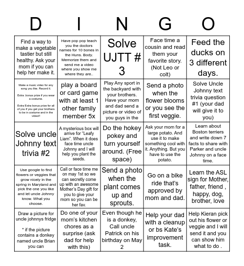 Parker’s Dingo Challenge Bingo Card
