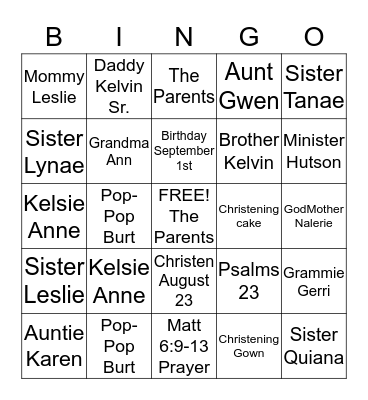Kelsie Anne Christening Bingo  Bingo Card