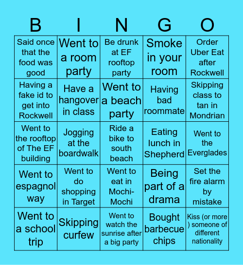 EF Miami Beach Bingo Card