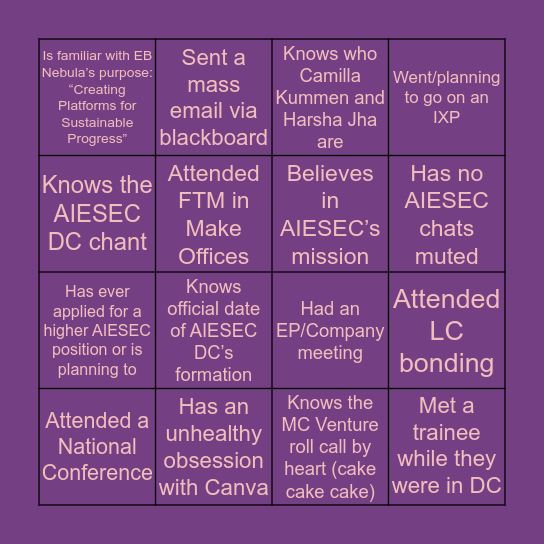 AIESEC in Washington D.C. Bingo Card