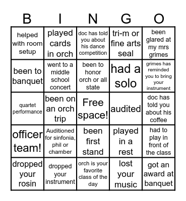 Walton Orchestra Bingo Card