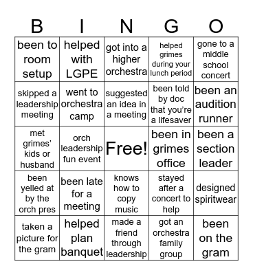 Orchestra Leadership Team Bingo Card