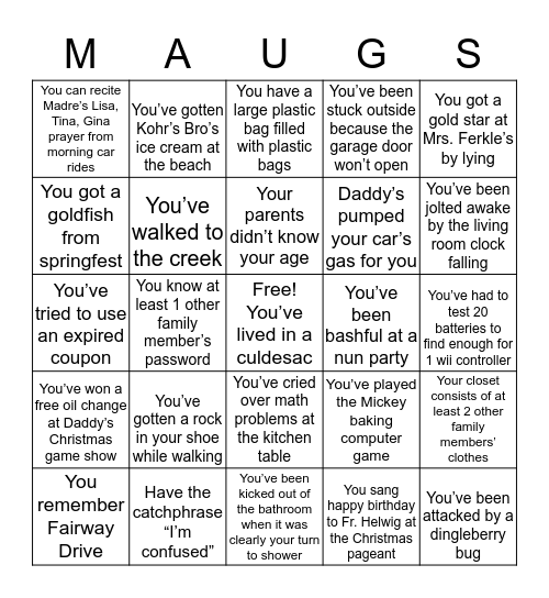 Mauger Family Bingo Card