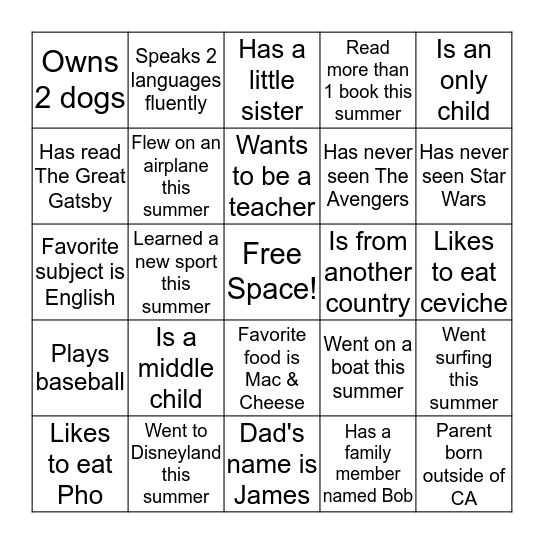 First Day Bingo! Bingo Card