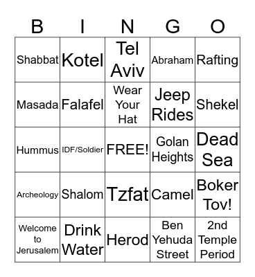 Israel Trip Bingo Card