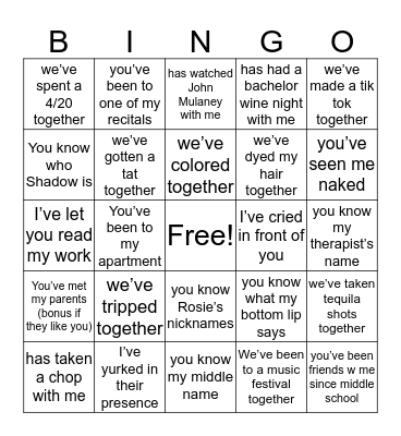 Carly’s bingo Card