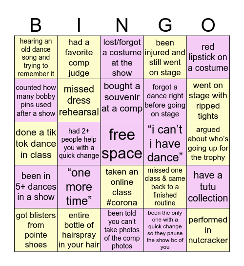 Bingo: Dancer Edition Bingo Card
