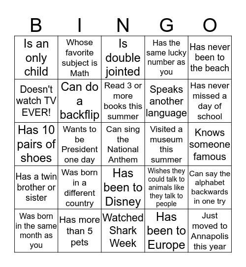 Find Someone Who Bingo Card