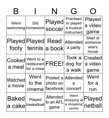 What did you do on the weekend? Bingo Card