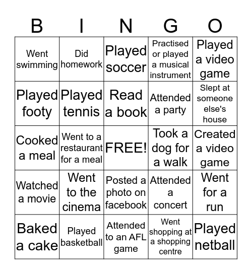 What did you do on the weekend? Bingo Card