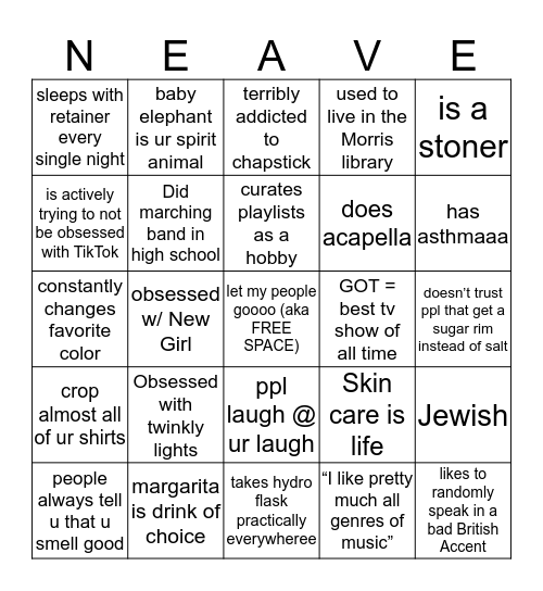 Rachel Bingo Card