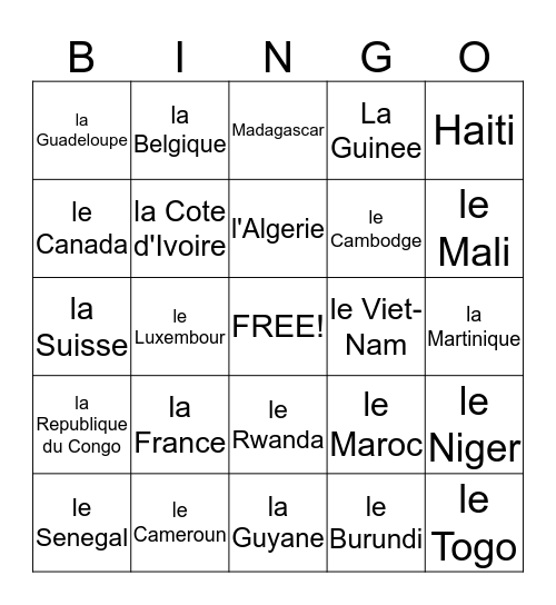 le monde francophone Bingo Card