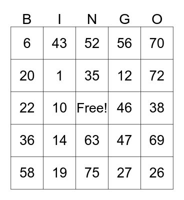 Grandma's Bingo Card