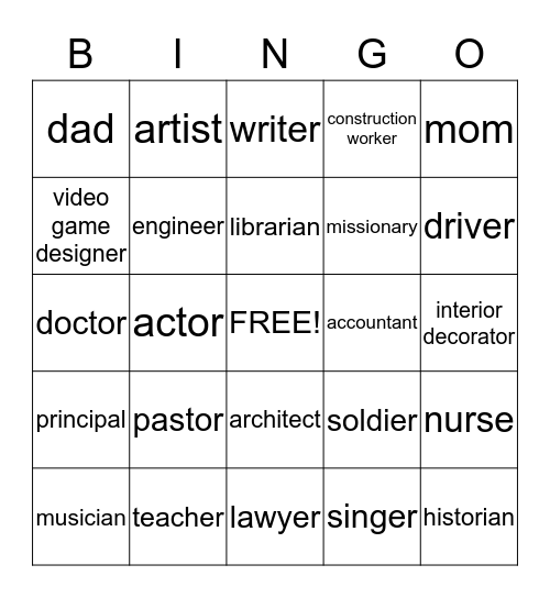 Vocation Bingo Card