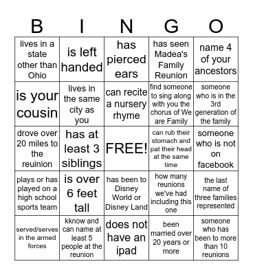 DOLAN FAMILY REUNION BINGO Card
