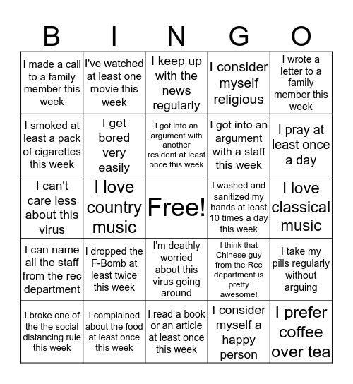 Social Distancing Bingo Card