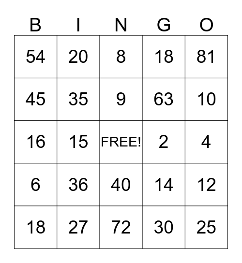 Mrs Armstrong- 2 , 5 and 9 multiplication facts Bingo Card