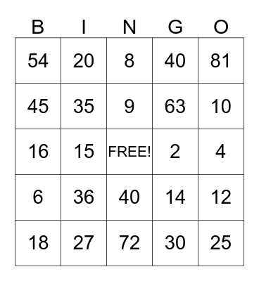 Mrs Armstrong- 2 , 5 and 9 multiplication facts Bingo Card