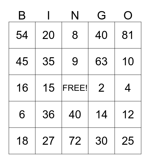 Mrs Armstrong- 2 , 5 and 9 multiplication facts Bingo Card