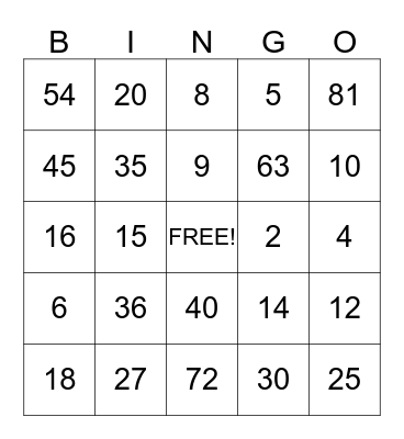 Mrs Armstrong- 2 , 5 and 9 multiplication facts Bingo Card