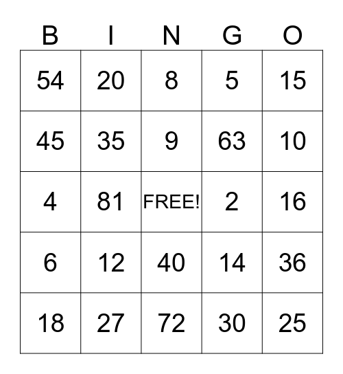 Mrs Armstrong- 2 , 5 and 9 multiplication facts Bingo Card