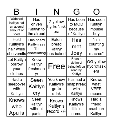 Friends with Kaitlyn Bingo Card