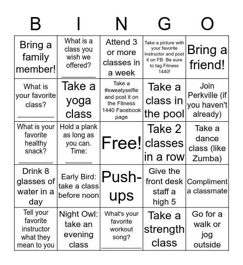 Group Fitness Bingo Card