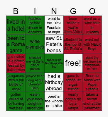 JCU in Rome 2019 Bingo Card