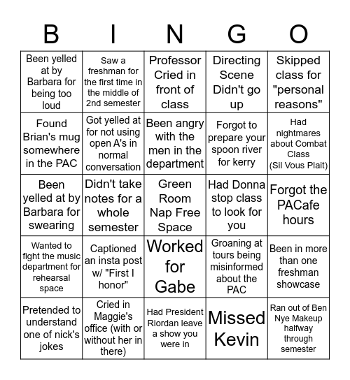 AU Theatre Bingo Card