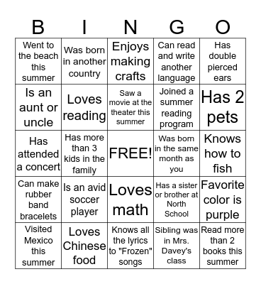 First Day of School Bingo Card