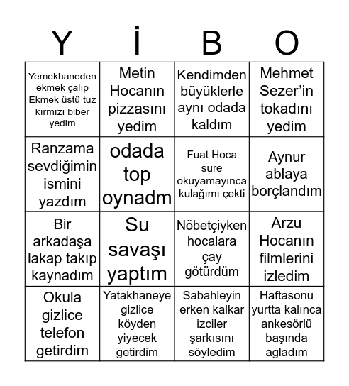 DADAY YİBO BİNGOSU Bingo Card