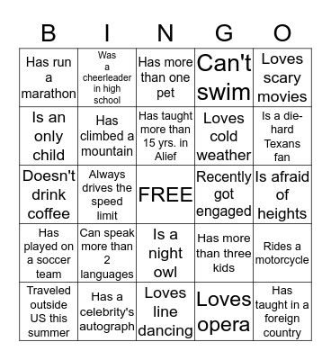 Getting to Know You Bingo Card