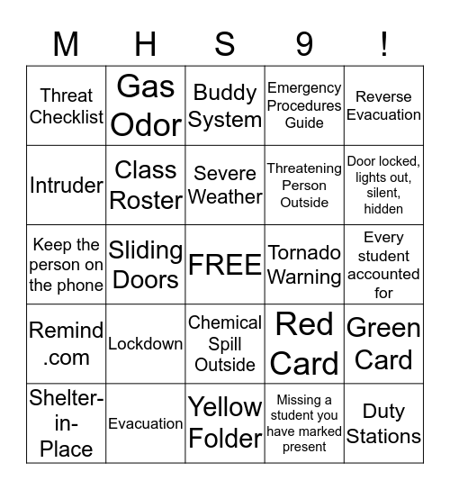 School Safety Bingo Card