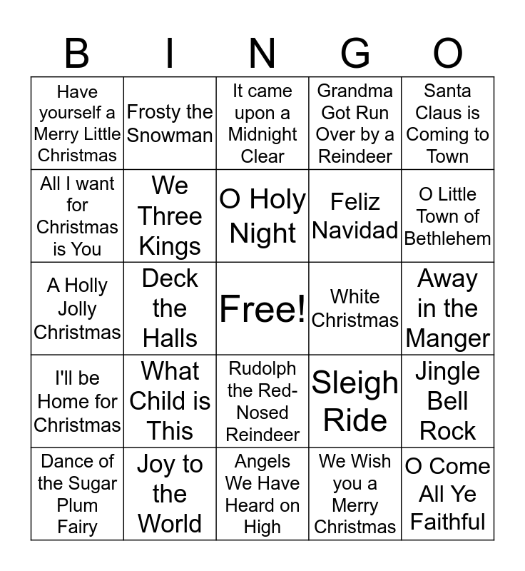 Christmas Songs No Lyrics Bingo Card