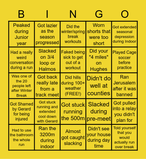 XC and Track Bingo! Bingo Card