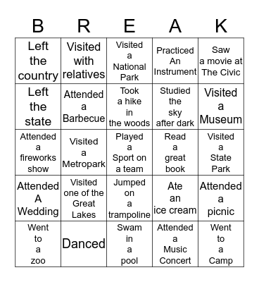 Summer Activities Bingo Card