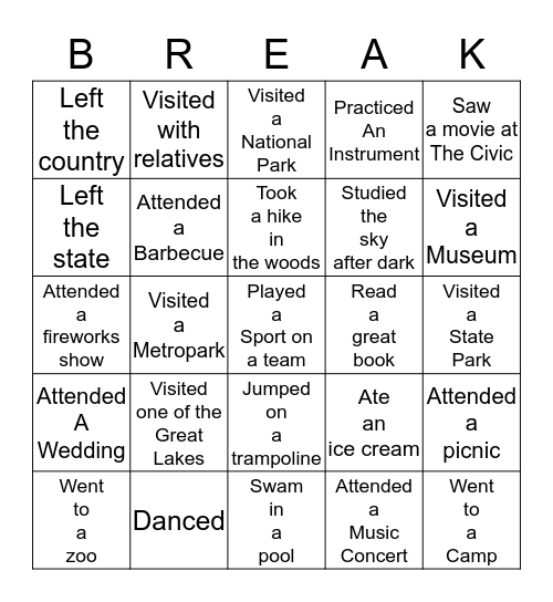 Summer Activities Bingo Card