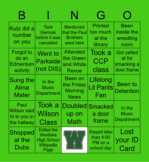 Westlake High School Bingo Card